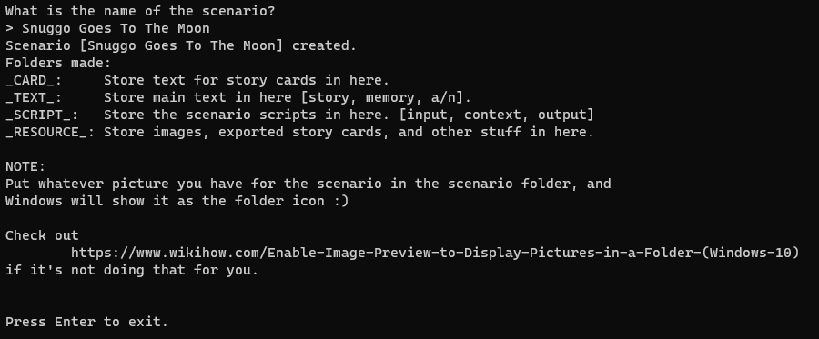 
	A command line window showing the successful output from the
	scenario maker script.
